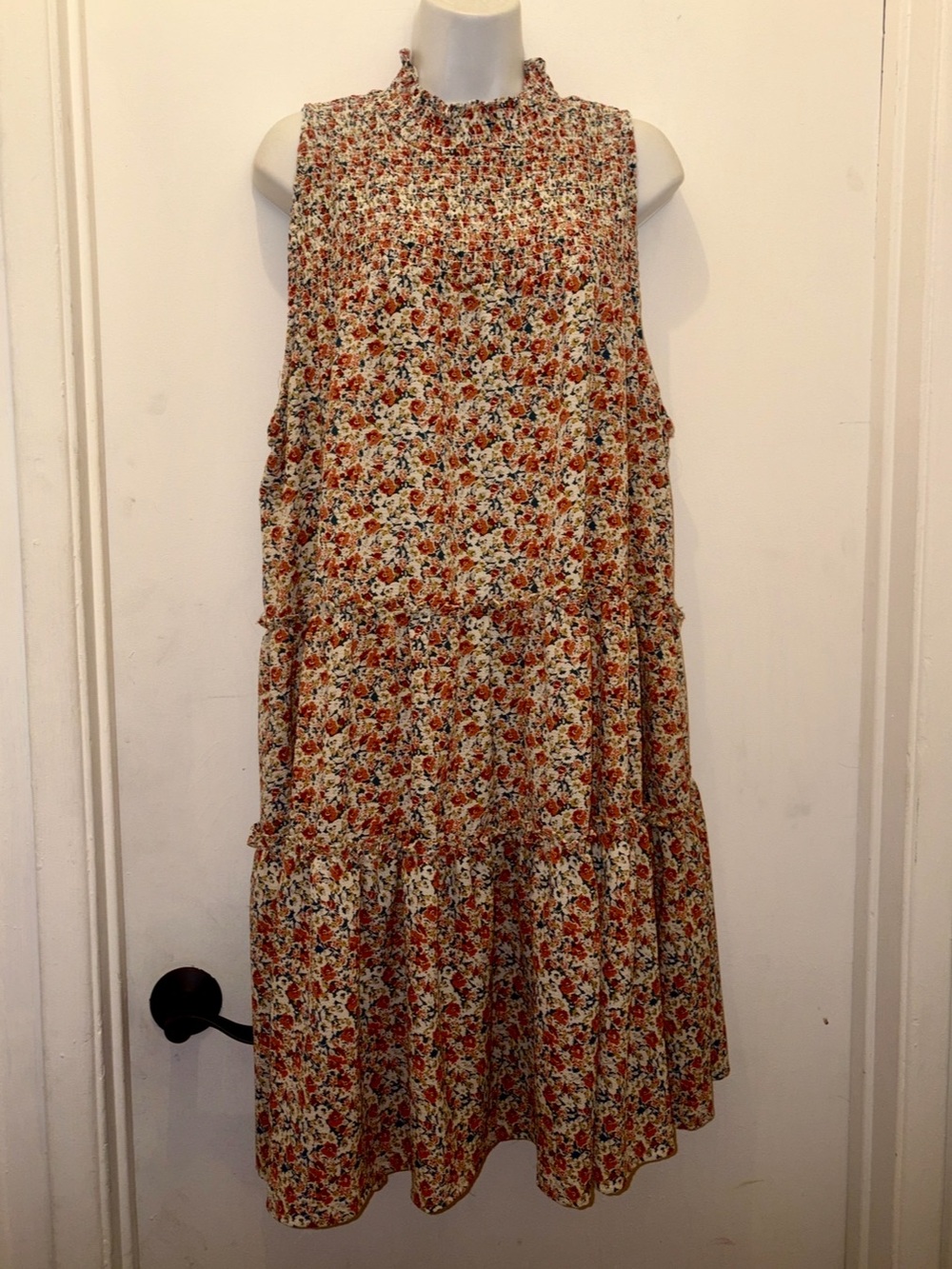 Sleeveless Floral Smocked Neck Tiers Dress - Rust & Cream Liberty love